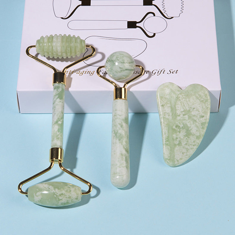The Jade Ritual Sculpting Set | Jade Sphere, Dual-Ended Facial Roller, and Gua Sha Scraping Board